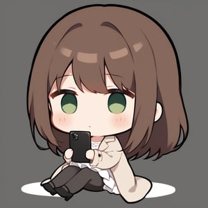 1girl, girl, solo, (brown hair,) long hair, green eyes, (bangs), beige coat, white sundress, black heels, solo, black stockings, (chibi,), blush,, sitting, holding black smart phone, simple white background,