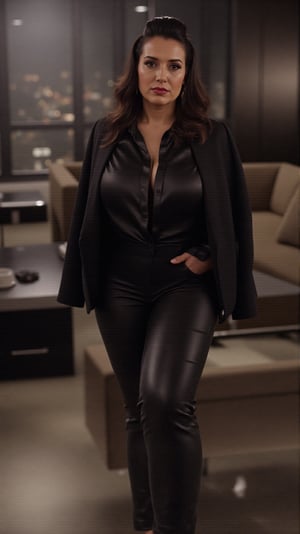 In an opulent office room, a boss lady exudes authority and elegance. Her hair, styled in a sleek low bun, is deep black with a glossy finish. Her sharp brown eyes convey focus and power, complemented by bold red lips. Her face is refined, with high cheekbones and a confident gaze. She wears a posh, tailored satin shirt in black, tucked into high-waisted black leather trousers, enhancing her hourglass shape. A sleek glossy black leather blazer completes her outfit. The backdrop is a modern, luxurious office, adorned with high-end furnishings, dim lighting, and floor-to-ceiling windows that overlook a sprawling cityscape.
No distorted fingers, No Distorted body.