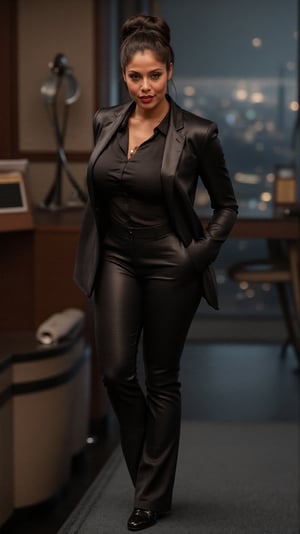 In an opulent office room, a boss lady exudes authority and elegance. Her hair, styled in a sleek low bun, is deep black with a glossy finish. Her sharp brown eyes convey focus and power, complemented by bold red lips. Her face is refined, with high cheekbones and a confident gaze. She wears a posh, tailored satin shirt in black, tucked into high-waisted black leather trousers, enhancing her hourglass shape. A sleek glossy black leather blazer completes her outfit. The backdrop is a modern, luxurious office, adorned with high-end furnishings, dim lighting, and floor-to-ceiling windows that overlook a sprawling cityscape.
No distorted fingers, No Distorted body.