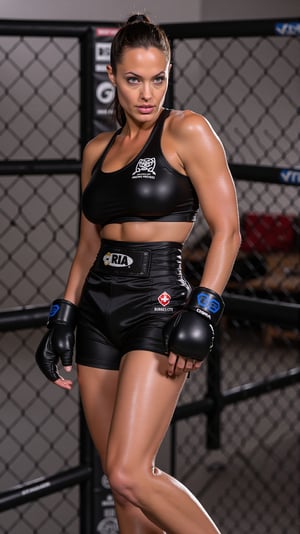 Candid photo of a lady MMA fighter, showcasing her full fit physique from head to toe, in a striking Satin-leather uniform in a boxing cage, without any distortion in legs, arms, or torso, without any duplication of body parts. No boxing gloves.
She wears a (satin boxing top) and (tight Leather boxer trousers with bulge), and a pair of (branded sports shoe). The uniform has symbols and stickers of the club and the sponsors. The top has and boxer trousers has her number 10 and name ARI printed on it.
She has black ponytailed hair, Blue eyes, eye-lined with kohl, Natural dark brown lips.