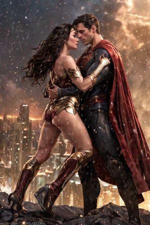 Create a breathtakingly hyper-realistic photograph of Superman and Wonder Woman in a passionate embrace on a dramatic cliff, overlooking a sprawling cityscape at twilight. Superman stands tall and commanding, his muscular physique accentuated by the dim light, his iconic suit clinging to him perfectly. His deep blue eyes are smoldering with desire, and his cape flutters behind him, creating an aura of strength and allure.

Beside him, Wonder Woman radiates power and sensuality, her gleaming armor hugging her curves in all the right places. Her long, dark hair cascades around her shoulders, flowing like silk, while her captivating brown eyes shine with a fierce passion and an inviting warmth. She leans slightly into him, her body almost touching his, suggesting an intimate connection that transcends mere partnership.

Their gaze is electric, locked in a moment of intense longing as they inch closer, breathless with anticipation. The backdrop is a stunning sunset, bathing the scene in warm, golden hues, adding to the romantic atmosphere. The city below twinkles with lights, a symbol of hope and desire.

The air is charged with an undeniable chemistry, hinting at the adventures they’ve shared and the deeper emotions that bind them. Together, they embody not just heroism but an irresistible allure, strength, and intimacy. The skin, the suits, and every detail of their expressions are hyper-detailed and realistic, capturing the raw sensuality of the moment. This is not just a design or anime; it is a captivating photograph that encapsulates the fervent passion and unwavering bond they share as they stand united against the world.

