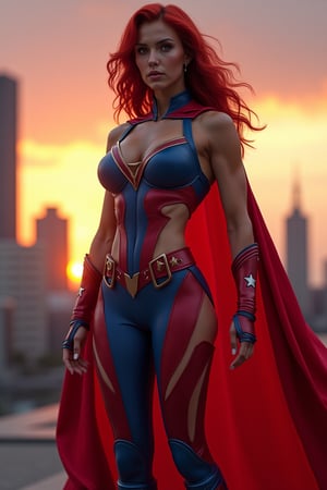 Create a hyper-realistic photograph of Starfire Sentinel, a newly conceived superheroine embodying strength, sensuality, and power, now transformed into uma verdadeira bodybuilder. She stands confidently in an urban environment at sunset, with a vibrante skyline in the background. Her costume is a striking blend of red, white, and blue, reflecting the cores da bandeira dos Estados Unidos.

The bodysuit is intricately designed to showcase her impressive, muscular physique, with bold red panels accentuating her sculpted quads and calves. The blue sections wrap around her torso, adorned with white stars, featuring a daringly low-cut neckline that showcases her defined collarbone and poderoso peito.

The high-cut design of the bodysuit reveals her poderosas coxas e abdômen definido, enfatizando sua cintura incrivelmente esculpida e a musculatura impressionante de seu tronco. The sleeveless design exposes her broad shoulders and well-defined arms, with pronounced biceps and triceps that highlight her strength and dedication to seu ofício.

A cinta-liga elegante, de tom preto e detalhes em vermelho, se une ao traje, envolvendo sua cintura e acentuando suas curvas, ao mesmo tempo em que adiciona um toque de sensualidade e sofisticação. Ela usa botas azuis até o joelho com saltos altos, que ressaltam sua postura poderosa e feminilidade. A flowing red cape billows behind her, catching the wind and enhancing her dynamic presence.

Seu longo cabelo flui livremente, captando a luz com reflexos dourados, e seu olhar intenso exala confiança e determinação. O fundo apresenta um deslumbrante pôr do sol, lançando tons quentes de laranja e rosa pelo céu, criando um contraste bonito com as cores ousadas de seu traje.

Every detail of her skin, the textures of her costume, and the nuances of her expression are rendered with hyper-realistic precision, showcasing Starfire Sentinel as a symbol of empowerment, strength, and beauty. This is not just an illustration; it is a stunningly realistic photograph that captures the essence of a powerful new icon in the superhero universe, radiating both the elegance of a bodybuilder and the sensuality of a true warrior.
