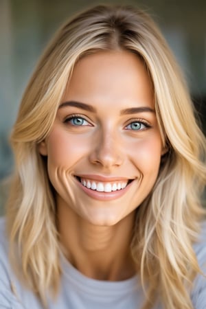 A close-up shot of a beautiful blonde girlfriend smiling warmly, soft natural lighting highlighting her face, her eyes sparkling with joy, framed in a casual, intimate setting, possibly a cozy living room or outdoor park, her hair gently tousled by a light breeze, wearing a casual outfit that complements her relaxed demeanor. She is biting her lips.