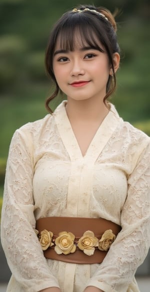 a beautiful Asian woman freyajkt48 is seated on the ground. She is dressed in a beige lace blouse, adorned with a brown belt adorned with gold flowers. Her hair is pulled back in a bun, adding a pop of color to her face. Her eyes are a piercing blue, and her lips are a vibrant pink. She has a gold earring in her left ear. The backdrop is blurred, suggesting a natural setting.,