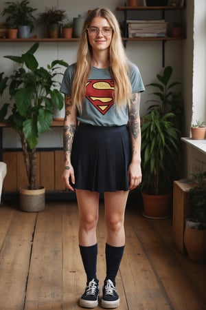 A full-body photo of Jana, a 30yo Nordic woman with very long natural blonde hair.
She has a cute round face with freckles, body covered in tattoos, and smiles.
She is wearing a skin-tight fitted graphic T-shirt with a vintage superhero logo made from smooth stretch fabric, a pleated skirt, and oversized glasses, paired with knee-high socks and sneakers.
She stands on a rustic hardwood floor in an apartment with plants and bookshelves in natural daylight lighting conditions. 