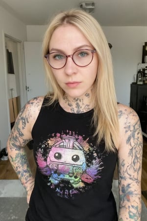 A photo of a 30yo goth nordic woman with very long straight natural blonde hair, a cute round face with freckles, tattoos, glasses. She wears a tight fitted sleeveless black top with a cute and nerdy gaming design.