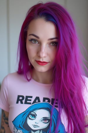 A close-up photo of a 30yo Su1c1de_G1rls woman with very long intense vibrant purple and pink colored hair. She has a cute round face with freckles, body covered in tattoos, red lipstick, striking blue eyes, and smiles. She is wearing a skin-tight fitted graphic T-shirt made from smooth stretch fabric with a cute and nerdy colorful grim Reaper design.