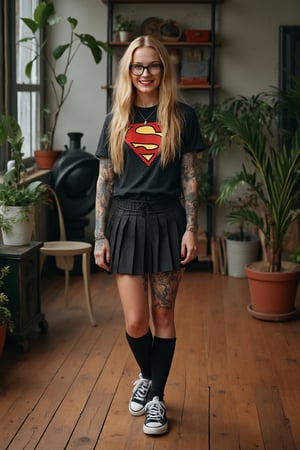 A full-body photo of Jana, a 30yo Nordic woman from Germany with very long natural blonde hair.
She has a cute round face with freckles, body covered in tattoos, red lipstick, red painted nails, and smiles.
She is wearing a skin-tight fitted graphic black T-shirt with a vintage superhero logo made from smooth stretch fabric, a pleated skirt, and oversized glasses, paired with knee-high socks and sneakers.
She stands on a rustic hardwood floor in an apartment with plants and bookshelves in natural daylight lighting conditions. 