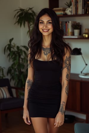 Close-up photograph of  Morena Baccarin with very long hair falling down over her shoulders. She has a cute round face with freckles and smiles. She wears a tight fitted elegant short black dress. There are many colored tattoos on her arms and neck. She is standing in an apartment with plants and book shelves.