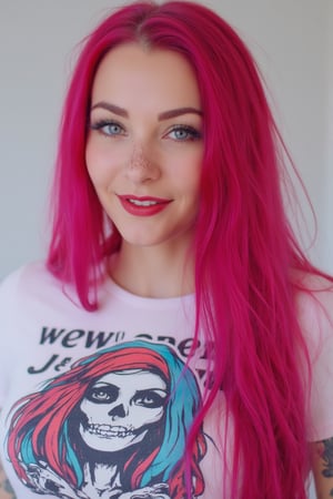 A close-up photo of a 30yo Su1c1de_G1rls woman with very long intense vibrant pink colored hair. She has a cute round face with freckles, body covered in tattoos, red lipstick, striking blue eyes, and smiles. She is wearing a skin-tight fitted graphic T-shirt made from smooth stretch fabric with a cute and nerdy colorful grim Reaper design.