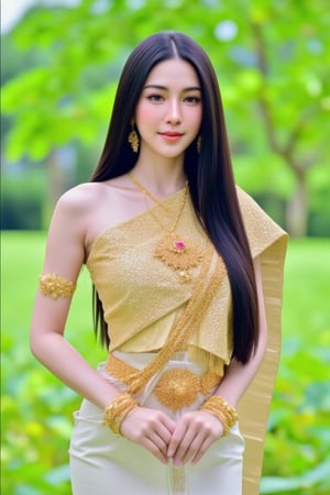 Beautiful Thai woman, 20 years old Long straight black-brown hair She looked confidently, smiling slightly. Wearing a golden Thai Emperor costume He has a crown on his head. The left wrist wears a gold bracelet with a Thai pattern. Both hands join together She stood in a green field filled with all kinds of flowers. full body photo By a professional photographer with a Canon EF24-70mm f2.8l camera.