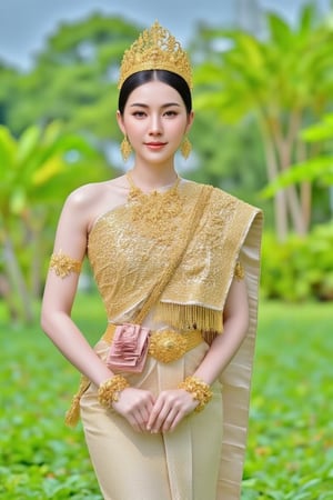 Beautiful Thai woman, 20 years old Long straight black-brown hair She looked confidently, smiling slightly. Wearing a golden Thai Emperor costume He has a crown on his head. The left wrist wears a gold bracelet with a Thai pattern. Both hands join together She stood in a green field filled with all kinds of flowers. full body photo By a professional photographer with a Canon EF24-70mm f2.8l camera.