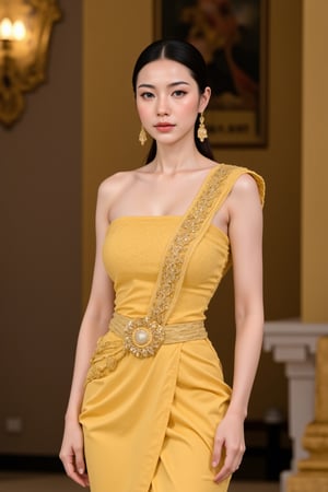 Beautiful Thai woman, 20 years old, wearing a golden Thai dress. She is dancing in the palace during the reign of King Rama V of Thailand. [Thai dress][Gold color][Flawless beautiful face][Perfect figure][Full body image][8K resolution]