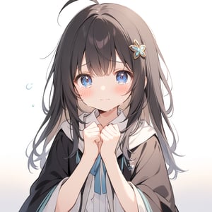 A solo girl with long black hair and an ahoge, looking directly at the viewer. She has bangs, blue eyes, and a blush on her cheeks. She wears a collared shirt with wide sleeves, a frilled pleated skirt, and an open jacket. Tears in her eyes, her hands are up, and she has a hair ornament. The simple white background highlights her upper body, with soft lighting emphasizing her emotional state.She is crying.