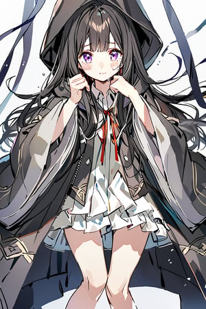 A solo girl with long black hair and purple eyes, looking directly at the viewer. She has bangs, a blush on her cheeks , She has an open jacket, tears in her eyes, and her hands are up. She wears a collared shirt with wide sleeves, a frilled pleated skirt, and pointy footwear. The simple white background highlights her upper body,hood, ribbon,she clutches the dark gray hood tightly in both hands,long hair.