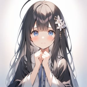 A solo girl with long black hair and an ahoge, looking directly at the viewer. She has bangs, blue eyes, and a blush on her cheeks. She wears a collared shirt with wide sleeves, a frilled pleated skirt, and an open jacket. Tears in her eyes, her hands are up, and she has a hair ornament. The simple white background highlights her upper body, with soft lighting emphasizing her emotional state.