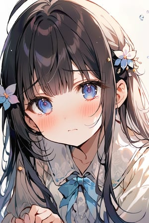 masterpiece, best quality, extremely detailed, (illustration, official art:1.1), 1 girl , long hair ((blush)) , cute face, masterpiece, best quality,(((((a very delicate and beautiful girl))))),Amazing,beautiful detailed eyes,blunt bangs((((little delicate girl)))),(((tareme))),droopy eyes.(true beautiful:1.2), sense of depth,,(tiny 1girl model:1.2),)(flat chest), A beautiful anime-style girl with long,,(((detailed)))Blue Eyes,Transparent hair,Face of Sadness,Sad beautiful girl,A solo girl with long black hair and an ahoge, looking directly at the viewer. She has bangs, blue eyes, and a blush on her cheeks. She wears a collared shirt, a frilled pleated skirt, and an open jacket. Tears in her eyes, her hands are up, and she has a hair ornament.She is crying. , she is afraid of something. , The simple white background.