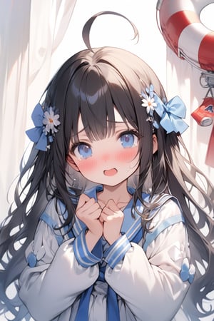 1girl, :d, blush, blue eyes, dress, lifebuoy, long hair, long sleeves, looking at viewer, sailor collar, sailor dress, simple background, solo,upper body, waving, white background,masterpiece, best quality, extremely detailed, (illustration, official art:1.1), 1 girl , long hair ((blush)) , cute face, masterpiece, best quality,(((((a very delicate and beautiful girl))))),Amazing,beautiful detailed eyes,blunt bangs((((little delicate girl)))),(((tareme))),droopy eyes.(true beautiful:1.2), sense of depth,,(tiny 1girl model:1.2),)(flat chest), A beautiful anime-style girl with long,,(((detailed)))Blue Eyes,Transparent hair,Face of Sadness,Sad beautiful girl,A solo girl with long black hair and an ahoge, looking directly at the viewer. She has bangs, blue eyes, and a blush on her cheeks.Tears in her eyes, her hands are up, and she has a hair ornament.she is afraid of something. , The simple white background.