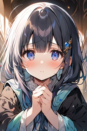 masterpiece, best quality, extremely detailed, (illustration, official art:1.1), 1 girl , long hair ((blush)) , cute face, masterpiece, best quality,(((((a very delicate and beautiful girl))))),Amazing,beautiful detailed eyes,blunt bangs((((little delicate girl)))),(((tareme))),droopy eyes.(true beautiful:1.2), sense of depth,,(tiny 1girl model:1.2),)(flat chest), A beautiful anime-style girl with long,,(((detailed)))Blue Eyes,Transparent hair,Face of Sadness,Sad beautiful girl,A solo girl with long black hair and an ahoge, looking directly at the viewer. She has bangs, blue eyes, and a blush on her cheeks. She wears an open jacket. Tears in her eyes, her hands are up, and she has a hair ornament.she is afraid of something. , The simple white background,She has an open jacket,  Inspired by Elaina from Majo no Tabitabi.