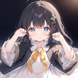 A solo girl with long black hair and an ahoge, looking directly at the viewer. She has bangs, blue eyes, and a blush on her cheeks. She wears a collared shirt with wide sleeves, a frilled pleated skirt, and an open jacket. Tears in her eyes, her hands are up, and she has a hair ornament. The simple white background highlights her upper body, with soft lighting emphasizing her emotional state.She is crying.