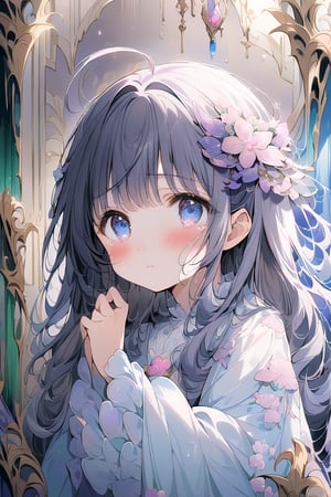 masterpiece, best quality, extremely detailed, (illustration, official art:1.1), 1 girl , long hair ((blush)) , cute face, masterpiece, best quality,(((((a very delicate and beautiful girl))))),Amazing,beautiful detailed eyes,blunt bangs((((little delicate girl)))),(((tareme))),droopy eyes.(true beautiful:1.2), sense of depth,,(tiny 1girl model:1.2),)(flat chest), A beautiful anime-style girl with long,,(((detailed)))Blue Eyes,Transparent hair,Face of Sadness,Sad beautiful girl,A solo girl with long black hair and an ahoge, looking directly at the viewer. She has bangs, blue eyes, and a blush on her cheeks. She wears an open jacket. Tears in her eyes, her hands are up, and she has a hair ornament.she is afraid of something. , The simple white background.