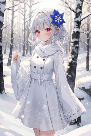 masterpiece, best quality, ultra-detailed, extremely detailed, depth of field, 1girl, solo, short hair, blush, bangs, red eyes, hair ornament, long sleeves, dress, closed mouth, light  silver hair, standing, outdoors, hair flower, wide sleeves, white dress, snow, wavy hair, winter, snowflakes, snowy forest, twilight, hair flaps