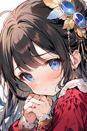 masterpiece, best quality, extremely detailed, (illustration, official art:1.1), 1 girl , long hair ((blush)) , cute face, masterpiece, best quality,(((((a very delicate and beautiful girl))))),Amazing,beautiful detailed eyes,blunt bangs((((little delicate girl)))),(((tareme))),droopy eyes.(true beautiful:1.2), sense of depth,,(tiny 1girl model:1.2),)(flat chest), A beautiful anime-style girl with long,,(((detailed)))Blue Eyes,Transparent hair,Face of Sadness,Sad beautiful girl,A solo girl with long black hair and an ahoge, looking directly at the viewer. She has bangs, blue eyes, and a blush on her cheeks. She wears an open jacket. Tears in her eyes, her hands are up, and she has a hair ornament.she is afraid of something. , The simple white background.