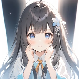 A solo girl with long black hair and an ahoge, looking directly at the viewer. She has bangs, blue eyes, and a blush on her cheeks. She wears a collared shirt with wide sleeves, a frilled pleated skirt, and an open jacket. Tears in her eyes, her hands are up, and she has a hair ornament. The simple white background highlights her upper body, with soft lighting emphasizing her emotional state.