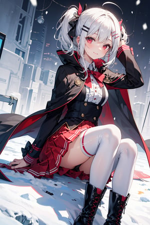 (score_9, score_8_up, score_7_up), 1girl, solo, white shirt, short hair, hair ornament, hairclip, white hair, red eyes, long sleeves, collared shirt, thighhighs, smile, sitting, looking at viewer, long sleeves, hand on headwear, boots, high heels, bow, frilled skirt, snow, white hair, capelet, frilled skirt, multicolored hair, hairclip, cape, dress , side_ponytail ,