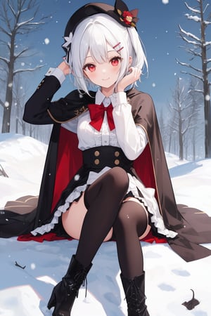 (score_9, score_8_up, score_7_up), 1girl, solo, white shirt, short hair, hair ornament, hairclip, white hair, red eyes, long sleeves, collared shirt, thighhighs, smile, sitting, looking at viewer, long sleeves, hand on headwear, boots, high heels, bow, frilled skirt, snow, white hair, capelet, frilled skirt, hairclip, cape, dress , side_ponytail ,