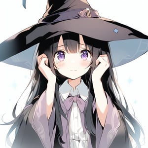 A solo girl with long black hair and purple eyes, looking directly at the viewer. She has bangs, a blush on her cheeks, and wears a witch hat. She has an open jacket, tears in her eyes, and her hands are up. She wears a collared shirt with wide sleeves, a frilled pleated skirt, and pointy footwear. The simple white background highlights her upper body, with soft lighting emphasizing her emotional state. Inspired by Elaina from Majo no Tabitabi.