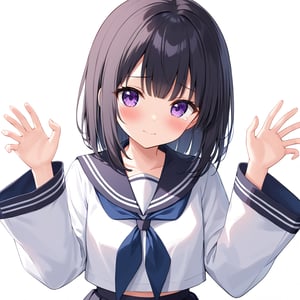 A solo girl with long black hair and purple eyes, looking directly at the viewer. She has bangs, a blush on her cheeks, and tears in her eyes. She wears an open jacket over a collared shirt with wide sleeves and a sailor collar, paired with a frilled pleated skirt and pointy footwear. Her hands are up, emphasizing her emotional state. The scene is set against a simple white background, with soft lighting highlighting her upper body and hood.