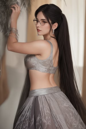 Full-body Portrait of a Woman, Back View, Showcasing Silver Eyes and Glasses (Quality: 1.2, Realistic Style: 1.4), Enhanced by Illustrations with Natural Side Lighting. Features a Single Female Individual of Japanese Descent. Mid-length Light Brown Hair, Adorned with a Necklace and Sapphire Earrings. Exhibiting a Cute Smile and an Upward Gaze. Attired in Gym Clothes, Including Bloomers. Presenting a Fit Physique and Radiant Complexion. Positioned in an Exterior Scene. Styled in a Suit and Lehenga Choli for Additional Outfits. Illuminated by Movie-like Lighting Effects, in a Dynamic Pose. Adorned with a Variety of Jewelry and Accessories. Depicted on a Wedding Stage, with a Backdrop from an Indian Location