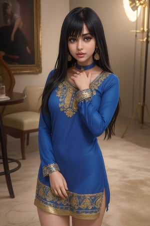 A 28-year-old beautiful and confident Indian woman with mesmerizing purple eyes and soft, black hair with side bangs. She is standing in a confident pose, legs slightly apart, looking directly at the viewer with a gentle smile. She wears a royal blue silk kurta with gold embroidery, elegant skinny long sleeves, and fitted leggings, paired with delicate round earrings and a stylish letter choker. Her figure is curvy and well-balanced, with natural, radiant skin and flawless makeup: blush eyeshadow, thick lashes, and glossy lips. Shot in a full-body frame with movie studio lighting and ultra-high resolution (8K, HDR), the image is photorealistic with a soft bokeh background, focusing on her captivating presence. The composition highlights intricate details in her outfit and facial features while maintaining a natural and elegant look