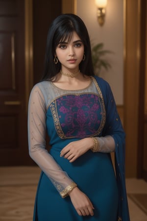 A 28-year-old beautiful and confident Indian woman with mesmerizing purple eyes and soft, black hair with side bangs. She is standing in a confident pose, legs slightly apart, looking directly at the viewer with a gentle smile. She wears a royal blue silk kurta with gold embroidery, elegant skinny long sleeves, and fitted leggings, paired with delicate round earrings and a stylish letter choker. Her figure is curvy and well-balanced, with natural, radiant skin and flawless makeup: blush eyeshadow, thick lashes, and glossy lips. Shot in a full-body frame with movie studio lighting and ultra-high resolution (8K, HDR), the image is photorealistic with a soft bokeh background, focusing on her captivating presence. The composition highlights intricate details in her outfit and facial features while maintaining a natural and elegant look