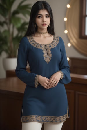 A 28-year-old beautiful and confident Indian woman with mesmerizing purple eyes and soft, black hair with side bangs. She is standing in a confident pose, legs slightly apart, looking directly at the viewer with a gentle smile. She wears a royal blue silk kurta with gold embroidery, elegant skinny long sleeves, and fitted leggings, paired with delicate round earrings and a stylish letter choker. Her figure is curvy and well-balanced, with natural, radiant skin and flawless makeup: blush eyeshadow, thick lashes, and glossy lips. Shot in a full-body frame with movie studio lighting and ultra-high resolution (8K, HDR), the image is photorealistic with a soft bokeh background, focusing on her captivating presence. The composition highlights intricate details in her outfit and facial features while maintaining a natural and elegant look