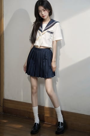 Best quality, realistic, a young Asian girl standing, She is dressed in a short-sleeved blue sailor school shirt with a white stripe down the center of the shirt. Her school uniform pleated skirt is a light cream color and she is wearing a pair of white socks and black shoes. Her hair is pulled back in a ponytail, adding a pop of color to her face. 