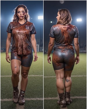 A woman is dressed in a shiny satin soccer-themed zombie costume, with her leather sports jersey tattered and stained, symbolizing a return from the dead. Her hair is messy, and her skin has pale, decayed patches, enhancing the undead look. Her face shows smudged dirt and hollow eyes, giving a haunting effect. She wears torn shiny leather soccer shorts and muddied cleats. Her clothes are made of shiny satin and leather materials.
She is in a foggy soccer field under a full moon. Ghostly mist covers the field, and distant, dim stadium lights create an eerie, abandoned atmosphere.
The image covers her two views one from her front and other from her back.