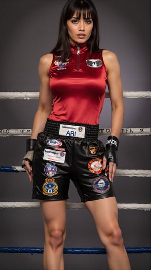 Candid of lady boxer, showcasing her full fit physique from head to toe in a striking Satin-leather uniform.
She wears a (satin boxing top with zip) and (Leather boxing pants with zip), She wears (branded sports shoe). The uniform has symbols and stickers of the club and the sponsors. The top has and boxer shorts has her number 10 and name ARI printed on it.
She has dark hair. Blue eyes. Natural dark brown lips.
(Background of a boxing ring).