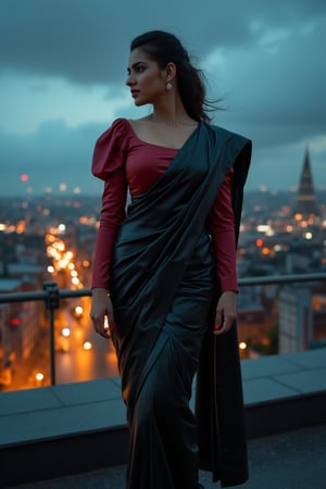 A fierce woman draped in a sleek, high-gloss black leather saree that wraps tightly around her hourglass figure, exuding confidence and power. Paired with a deep red satin blouse, the contrast of textures heightens her dominant presence. The blouse, a modern take with puffed sleeves and an off-shoulder design, adds a touch of femininity. She stands tall in knee-high leather boots, on a rooftop with a neon-lit city skyline in the background, dark clouds rolling in as lightning strikes the horizon.

Dressed in a striking combination of a leather saree and satin blouse, this woman embodies strength and allure. The saree’s polished leather fabric flows sensually, while the satin blouse gleams under the low-lit urban setting. Her fitted blouse, with long sleeves and a high neckline, adds sophistication, while her figure remains emphasized by the draping leather. Set against the backdrop of an industrial city with rain-soaked streets reflecting streetlights, her commanding presence takes center stage as she gazes over the landscape, poised for action.