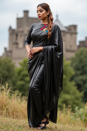 A fierce woman draped in a sleek, high-gloss black leather saree that wraps tightly around her hourglass figure, exuding confidence and power. Paired with shiny satin blouse, the contrast of textures heightens her dominant presence.
Dressed in a striking combination of a leather saree and satin blouse, embroidered with crimson, deep blue and golden threads this woman embodies strength and allure. The saree’s polished leather fabric flows sensually, while the satin blouse gleams under the natural lit setting. Her fitted blouse, with long sleeves and a high neckline, adds sophistication, while her figure remains emphasized by the draping leather.
She stands tall in leather sandals, with a castle in the background. Her commanding presence takes center stage as she gazes over the landscape, poised for action.