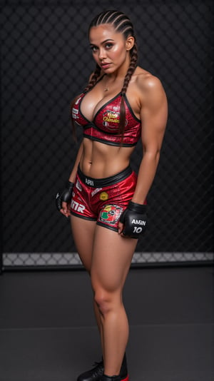 Candid photo of a lady MMA fighter, showcasing her full fit physique from head to toe in a striking Satin-leather uniform in a boxing cage, without any distortion in legs, arms, or torso, without any duplication of body parts. No boxing gloves.
She wears a (satin boxing top) and (Leather boxer shorts), and a pair of (branded sports shoe). The uniform has symbols and stickers of the club and the sponsors. The top has and boxer shorts has her number 10 and name ARI printed on it.
She has braided hair. Blue eyes. Natural dark brown lips.