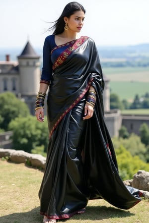 A fierce woman draped in a sleek, high-gloss black leather saree that wraps tightly around her hourglass figure, exuding confidence and power. Paired with shiny satin blouse, the contrast of textures heightens her dominant presence.
Dressed in a striking combination of a leather saree and satin blouse, embroidered with crimson, deep blue and golden threads this woman embodies strength and allure. The saree’s polished leather fabric flows sensually, while the satin blouse gleams under the natural lit setting. Her fitted blouse, with long sleeves and a high neckline, adds sophistication, while her figure remains emphasized by the draping leather.
She stands tall in leather sandals, with a castle in the background. Her commanding presence takes center stage as she gazes over the landscape, poised for action.