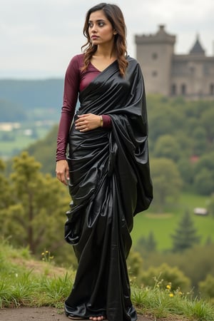 A fierce woman draped in a sleek, high-gloss black leather saree that wraps tightly around her hourglass figure, exuding confidence and power. Paired with shiny satin blouse, the contrast of textures heightens her dominant presence.
Dressed in a striking combination of a leather saree and satin blouse, embroidered with crimson, deep blue and golden threads this woman embodies strength and allure. The saree’s polished leather fabric flows sensually, while the satin blouse gleams under the natural lit setting. Her fitted blouse, with long sleeves and a high neckline, adds sophistication, while her figure remains emphasized by the draping leather.
She stands tall in leather sandals, with a castle in the background. Her commanding presence takes center stage as she gazes over the landscape, poised for action.