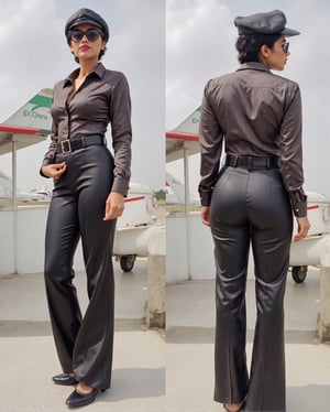 A photo of a posh Indian pilot in a striking uniform. She is standing tall and has a bold face with sunglasses. The uniform features a fitted shiny satin shirt with a high collar and polished silver buttons and black leather trousers. She also wears a leather belt cinches her waist, and a leather pilot cap. She has naturally red lips. The background is an airport with few green elements. The photo is taken from two angles, showing her from the front and the back.