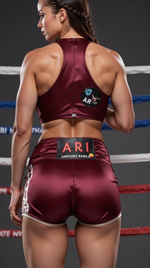 Candid of lady boxer, from her back, showcasing her full fit physique from head to toe in a striking Satin-leather uniform.
She wears a (satin boxing top with zip) and (Leather boxing pants with zip), She wears (branded sports shoe). The uniform has symbols and stickers of the club and the sponsors. The top has and boxer shorts has her number 10 and name ARI printed on it.
She has braided hair. Blue eyes. Natural dark brown lips.
(Background of a boxing ring).