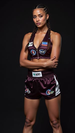 Candid of lady boxer, showcasing her full fit physique from head to toe in a striking Satin-leather uniform.
She wears a (satin boxing top with zip) and (Leather boxing pants with zip), She wears (branded sports shoe). The uniform has symbols and stickers of the club and the sponsors. The top has and boxer shorts has her number 10 and name ARI printed on it.
She has braided hair. Blue eyes. Natural dark brown lips.
(Background of a boxing ring).