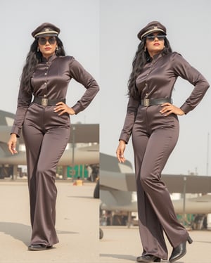 A photo of a posh Indian pilot in a striking uniform. She is standing tall and has a bold face with sunglasses. The uniform features a fitted shiny satin shirt with a high collar and polished silver buttons and shiny satin trousers. She also wears a leather belt cinches her waist, and a leather pilot cap. She has naturally red lips. The background is an airport with few green elements. The photo is taken from two angles, showing her from the front and the back.