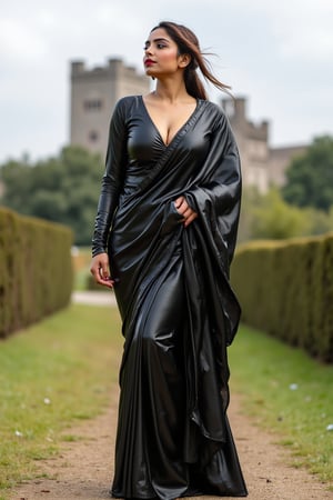 A fierce woman draped in a sleek, high-gloss black leather saree that wraps tightly around her hourglass figure, exuding confidence and power. Paired with shiny satin blouse, the contrast of textures heightens her dominant presence.
Dressed in a striking combination of a leather saree and satin blouse, this woman embodies strength and allure. The saree’s polished leather fabric flows sensually, while the satin blouse gleams under the natural lit setting. Her fitted blouse, with long sleeves and a high neckline, adds sophistication, while her figure remains emphasized by the draping leather.
She stands tall in knee-high leather sandals, with a castle in the background. Her commanding presence takes center stage as she gazes over the landscape, poised for action.