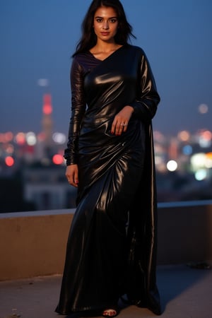 A fierce woman draped in a sleek, high-gloss black leather saree that wraps tightly around her hourglass figure, exuding confidence and power. Paired with shiny satin blouse, the contrast of textures heightens her dominant presence.
Dressed in a striking combination of a leather saree and satin blouse, this woman embodies strength and allure. The saree’s polished leather fabric flows sensually, while the satin blouse gleams under the low-lit urban setting. Her fitted blouse, with long sleeves and a high neckline, adds sophistication, while her figure remains emphasized by the draping leather.
She stands tall in knee-high leather sandals, on a rooftop with a neon-lit city skyline in the background. Her commanding presence takes center stage as she gazes over the landscape, poised for action.